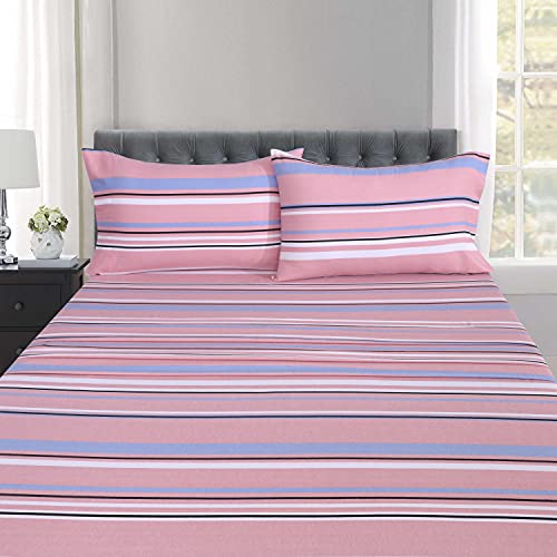 Ruvanti 100% Cotton 4 Pcs Flannel Sheets King, Deep Pocket, Warm, Super Soft, Breathable, Moisture Wicking Sheets For King Size Bed Include Flat, Fitted Sheet, 2 Pillowcase- Pink & Blue Stripes #TOP5
