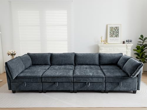 Image of ORRD Oversize Sleeper Modular Sectional Sofa Set, Convertible Couch Bed with Storage, 8 Seater Sofa Modular for Living Room, Office (Blue Grey)