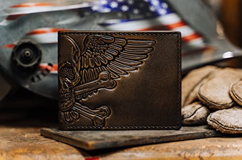 Hoj Co. Skull Bifold Wallet | Slim Wallet For Men | Winged Skull With Crossbones Billfold | Biker Wallet | Hand Burnished Full Grain Leather | Men's Gift #TOP6