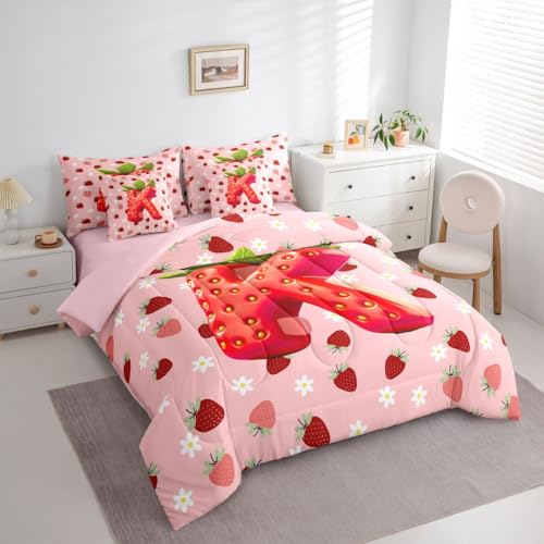 Image of Feelyou Girls Cute Strawberry Comforter Set With Sheets 7 Piece King Size Pink Strawberry Bed in a Bag Kids Boys Girls Initial Letter K Bedding Set Bedroom Decor Breathable Soft Lightweight Microfiber