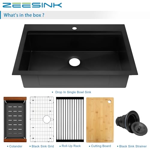 Image of 33 inch X 22 inch Drop In Kitchen Sink,16 Gauge Stainless Steel Black Kitchen Sink,Single Bowl Top Mount Workstation Kitchen Sinks (Black, 33 X 22 inch)