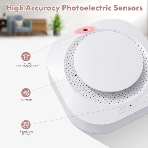 Smoke Detector, Battery Operated Smoke Alarm with Photoelectric Technology, Fire Alarms Smoke Detectors with LED Indicator and Test Button(4 Pack)