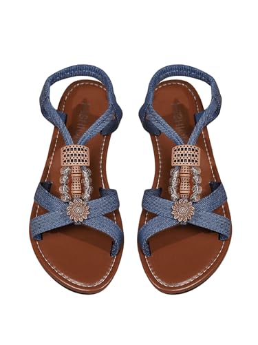 GORGLITTER Women's Denim Jeans Sandals Boho Roman Strappy Slides Elastic Ankle Strap Sandal Beach Vacation Summer Flats