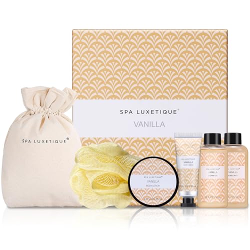 Spa Luxetique Spa Gift Set, 6pcs Vanilla Bath Gifts for Women, Travel Gift Box with Hand Cream, Body Lotion, Shower Gel, Bubble Bath, Mothers Day Gifts, Valentine's Gifts for Her
