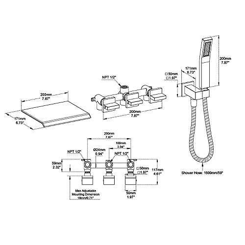Qinkell Wall Mount Waterfall Bathtub Faucet Hand Shower High Flow Black Roman Tub Filler With 3 Knobs #TOP1