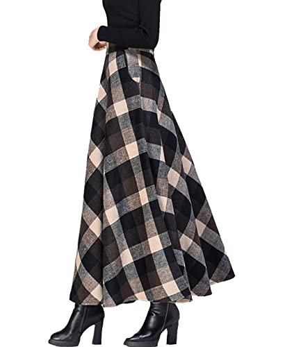 Femiserah Women's High Elastic Waist Long Maxi Woolen A Line Skirt Fall Winter Tartan Skirt