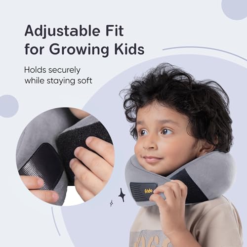 Image of Frido Kids Memory Foam Travel Neck Pillow with Travel Pouch | 360 Chin & Neck Support for Comfortable Sleep | Adjustable Velcro Straps | Ideal for Car, Flight & Road Trips | Bluish Grey