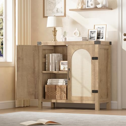 GarveeHome Rattan Sideboard Buffet Cabinets with Storage, Farmhouse Kitchen Accent Storage Cabinet, Boho Wooden Coffee Bar Cabinet for Dining Room, Living Room, Hallway, Natural