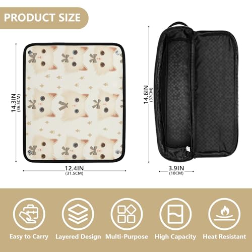 Bolsa de viaje para herramientas de cabello con diseño de caras de gatos blancos, incluye base resistente al calor para planchas y rizadores, organizador portátil miniatura 4