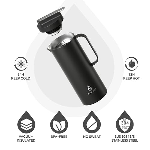 Image of IDEUS Thermal Coffee Carafe 50oz (1,400ml), Stainless Steel Double Wall Insulated Vacuum Flask, Water Jug Coffee Server and Beverage Dispenser, Heat and Cold Retention, Black