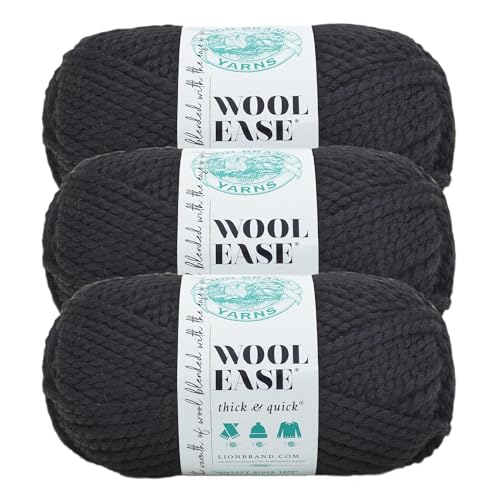 Image of Lion Brand Yarn Wool-Ease Thick & Quick Yarn, Soft and Bulky Yarn for Knitting, Crocheting, and Crafting, 3 Pack, Black | Super Bulky Wool Acrylic Blend Fiber for Soft Hats, Sweaters, Chunky Blankets, Yarn for Crochet, Knitting, Crafts, Weaving