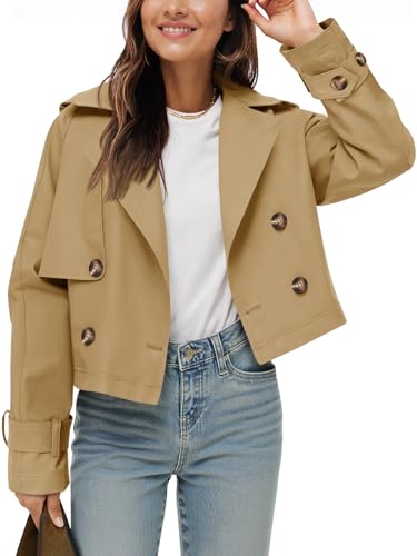 Tankaneo Womens Cropped Trench Coat Lapel Double Breasted Short Jacket...
