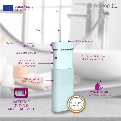 Aquapik® Mini tragbare, Kabellos Elektrische Munddusche Oral Irrigator 200 ml mit Teleskoptank, USB-C, 3 Druckstufen, IPX8 wasserdicht, leicht, ideal für Reisen und Büro, für gründliche Zahnreinigung