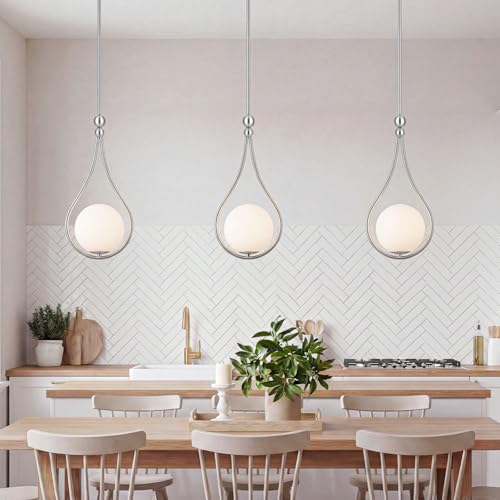 Image of Nickel Pendant Lights Kitchen Island with Milky White Globe Glass, 3 Pack | Mid Century Adjustable Hanging Pendant Light Fixtures