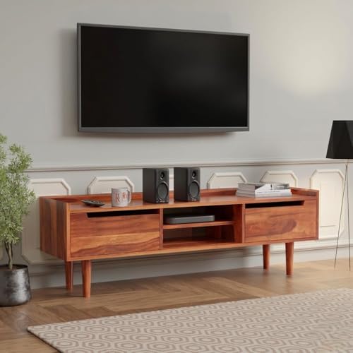 Image of Solid Wood TV Unit for Living Room 55 Inch Furniture - Wooden TV Unit with Storage Cabinet with 2 Door, 2 Shelves Wooden TV Cabinet for Living Room - Fits up to 55-Inch TV (Caleb)