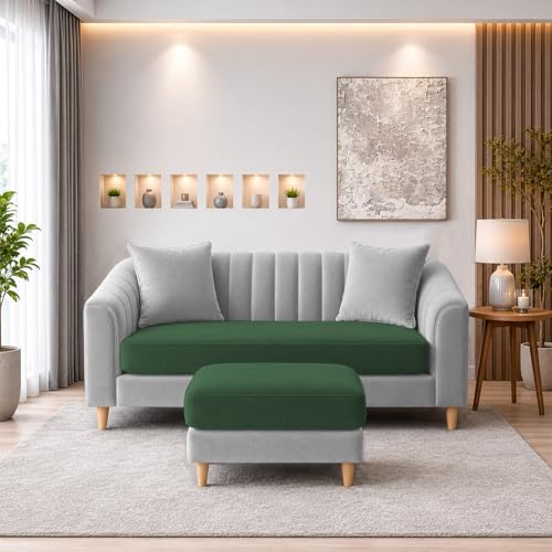 Image of Doraldo 2 Seater Sofa Set with Ottoman for Living Room (Green Grey) Premium Fabric Sofa
