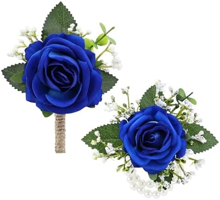 2Pcs Royal Blue Rose Corsage and Men Boutonniere Set, Wrist Band ...