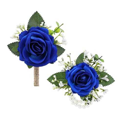 WGBBDG 2Pcs Royal Blue Rose Corsage and Men Boutonniere Set Wrist Band Bracelets for Wedding Bride Bridesmaid Groom Groomsmen Flower Accessories Prom Party Man Suit Decor