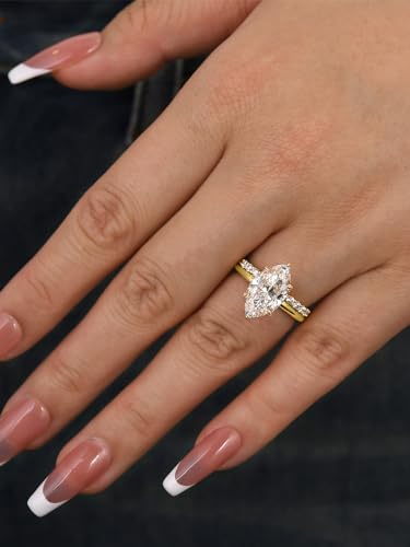 3.5CT Marquise Cut Engagement Ring Set,18K Yellow/White Gold Plated 925 Sterling Silver Bridal Ring Set with Open Wedding band4