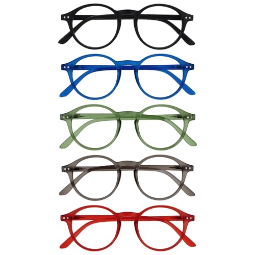 OPULIZE REY Gafas de Lectura - Pack de 5 - Montura Redonda Retro - Negro, Azul, Verde, Gris, Rojo - Hombre Mujer - Bisagras de Muelle - RRRRR56-1367Z - +1.50