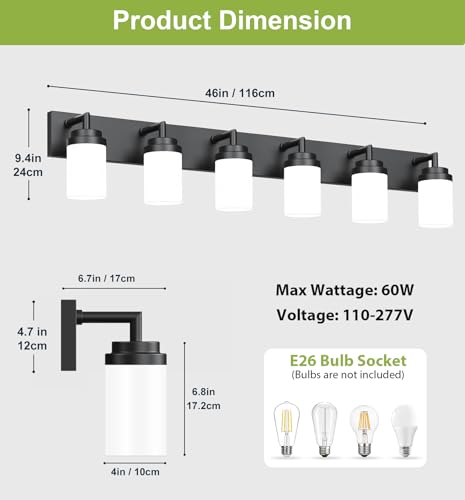 Image of Bathroom Light Fixtures, Matte Black Bathroom Lighting Fixtures Over Mirror, Modern Vanity Light with White Glass Shade, Restroom Lighting Fixtures, 6-Light 46-inch