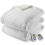 CAROMIO Heated Blanket King Size with LCD Dual Controller, Waffle Weave Fast Heating Electric Blankets, 10 Heat Levels & 1-12H Time Settings, ETL Certified, Machine Washable, Off White, 100" x 90"