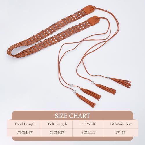 NICENEEDED Boho Braided Tassel Belt, 1.1 X 67.72 Inch PU Leather Cowgirl Vintage Hollow Floral Waistband with Wax Rope, Skinny Waist Belt for Dresses Skirt Pants3