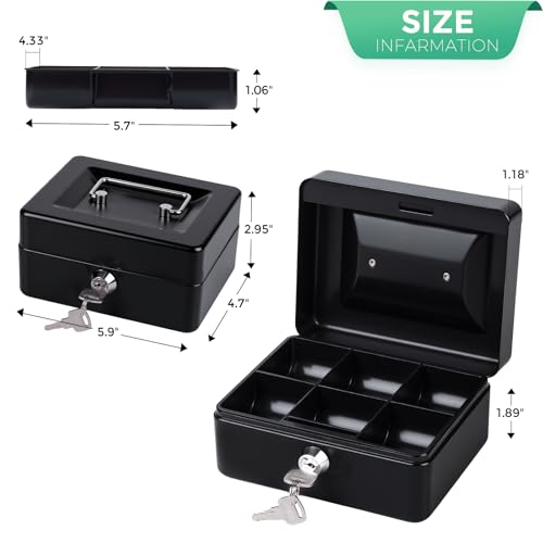 Image of Small Cash Box with Money Tray and Lock, Metal Cash Lock Box with Key, Petty Cash Box for Money 5.9 x 4.7 x 3.1 Inches Black