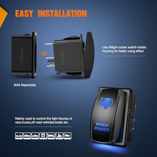 Image of Nilight Winch Power Rocker Switch Led Light Bar 5 Pin Laser On Off | SPST Switches 20A /12V 10A /24V Blue with Jumper Wires Set for Cars Trucks Boats ATVs UTVs RVs