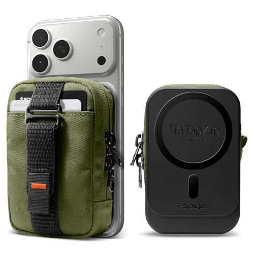 Image of Spigen Tin Tap Zip (MagFit) Magnetic Organizer Pouch up to 7 Cards, Magsafe with Front Pocket and Built in Hand Strap Compatible with iPhone 17 /16 /15 /14 /13 /12 Models, Pixel 10 Series - Olive Green