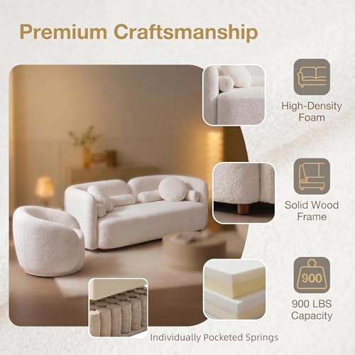 Image of Modern Curved Sofa Teddy Fabric Sofa Couches with 360 Degree Swivel Accent Chair Barrel Chair Tight Curved Back Cloud Couch 2 Piece Couch Sets for Living Room Bedroom Office Apartment Studio