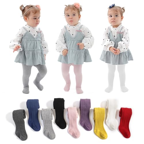 Image of EPEIUS Baby Girl Tights Cable Knit Cotton Seamless Footed Leggings 0-6Y | STAY-UP BABY TIGHTS. High elastic waist, smooth toe. Fits 0-3m newborn, infant & toddler. Ideal for daily wear & dresses.