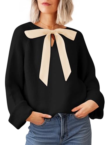 Saodimallsu Womens Bow Tie Sweater Crew Neck Long Sleeve Cute Fall Loose Cozy Knit Pullover Sweaters