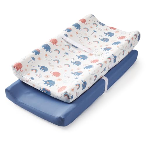 Image of TILLYOU Changing Pad Cover Set in Soft Jersey Material - Fits 32 inch /34''x16 Contoured Pad for Babies, Elephant Rainbow