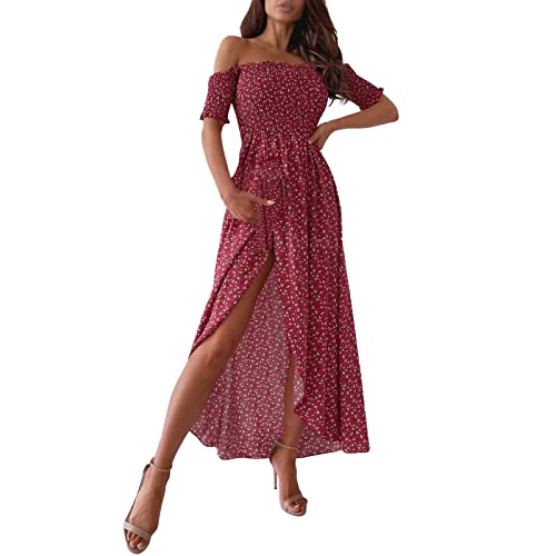 Sommerkleid Damen Lang - Rüschen Kleid Damen Sommer Boho Strandkleid Sexy Maxikleid mit Schlitz Blumen Punkte Drucken Kurzarm Lange Kleider Festlich...