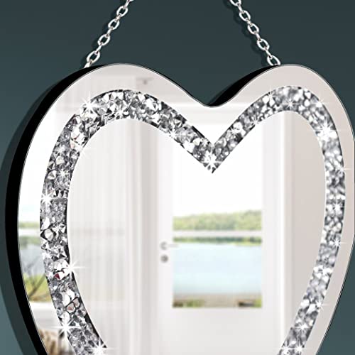 Dmdfirst Crystal Crush Diamond Heart Shaped Silver Mirror With Silver Stainless Steel Chain For Wall Decoration 12X12X0.5 Inch Wall Hang Frameless Mirror Glass Diamond Decor Glam Mirror #TOP3