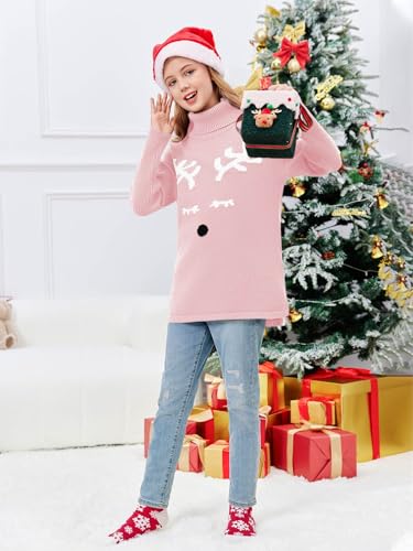 Image of Haloumoning Girls Christmas Sweater Kids Oversized Turtleneck Cute Reindeer Sweaters with Side Slit