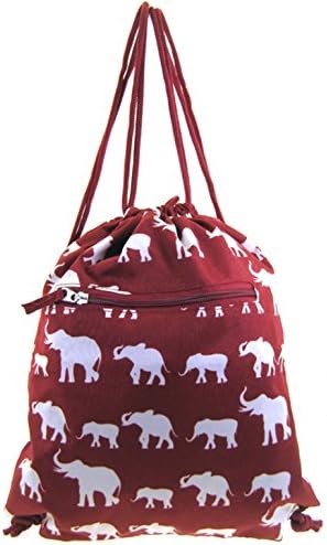 Burgundy Elephant Print Gym Sport Drawstring Bag Backpack Purse