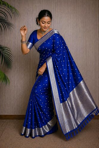 Image of Women's Glory Kanjivaram Banarasi Silk Saree with Polka Dot Embroidery Blend Woven Zari with Jacquard Woven Unstitched Blouse Piece.