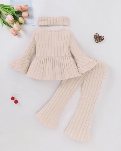 Image of SODLON Baby Girl Clothes Toddler Fall Winter Outfits Ruffle Long Sleeve Bow Top Flared Pants Set Bell Bottom Clothing 18M-5T
