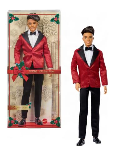 Barbie Signature 2026 Holiday Curly Black Hair Ken Collectible Fashion Doll Wearing Full Suit with Red Jacket in Displayable Packaging & Doll Stand