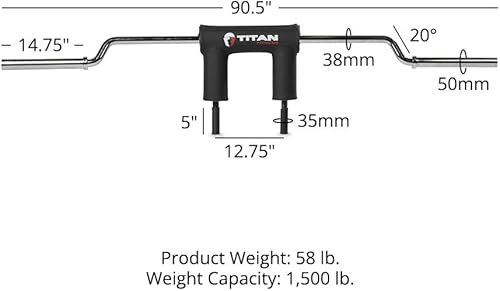 Miniatura 7 de Titan Fitness Barra olímpica de seguridad para sentadillas, clasificada de 1,500 libras con almohadillas para los hombros y los brazos, diseño de