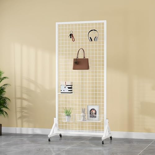 Mobile Gridwall Panel Display Stand - Metal Mesh Storage Rack with 4 Wheels & 20 Hooks - Freestanding Retail Display for Trade Shows & Art Exhibitions
