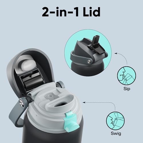 Image of Insulated Water Bottle with Straw - Encool Stainless Steel Water Bottle with Push Button Lid, Leak-Proof & BPA-Free, Keeps Cold for 24 Hours for Sports, Travel, Gym (32 oz, Tuna Grey-Green)