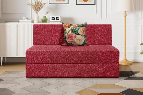 Image of Foldable 1 Seater Sofa Cum Bed, Sofa Bed 3 X 6 Feet, Jute Fabric- Washable Cover- Including One Cushion Perfect for Home & Office - Red Color