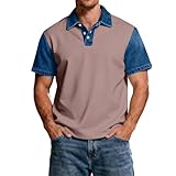 Men Kurzarm Poloshirt Leichtes Denim-Patchwork Polo Shirt Casual Klassischer Reverskragen Atmungsaktives Baumwoll-Mix Kurzarmhemd