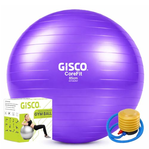 Image of GISCO Anti-Burst Rubber Gym Ball with Free Foot Pump | Color - Purple, Size - 85 cm | Round Shape Swiss Ball for Exercise, Workout, Yoga, Pregnancy, Birthing, Balance & Stability