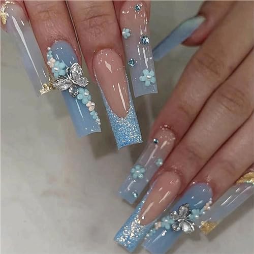 MERVF Long Press on Nails Square Fake Nails Press ons Ombre Blue French Tip Glue on Nails with 3D Butterfly Flower Design Glitter Squoval Acrylic False Nails Glossy 24Pcs