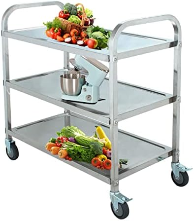SOFEDY Utility Cart Rolling Bar Cart Stainless Steel Storage Cart on Wheels,Kitchen 3 Tier Metal Service Carts with Handle Bar for Living and Kitchen Room, Microwave Cart 33.5x17.7x35 inch