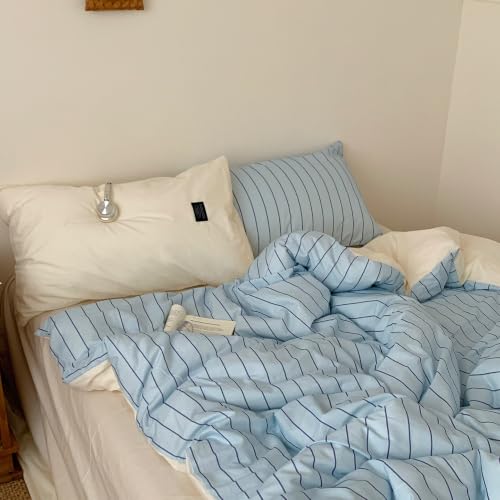 Image of Striped Duvet Cover Twin Blue Striped Beige Reversible Bedding Set
